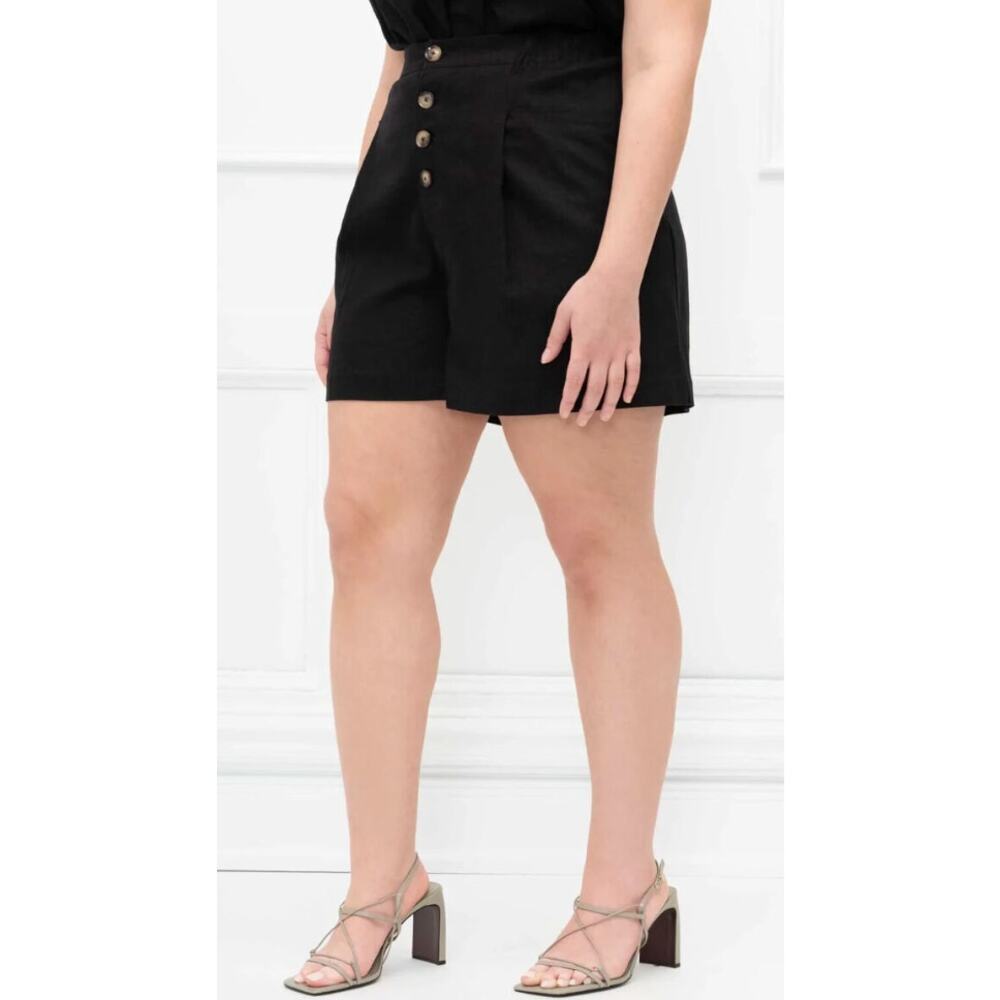 ELOQUII Elements Women's Minimalist Black Linen Button Front Shorts Plus Size 22